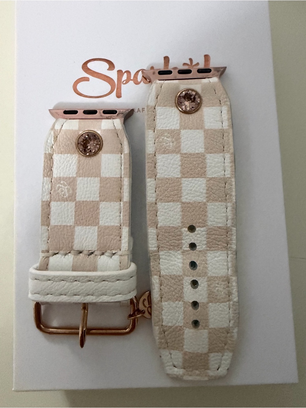 Spark*l Cream Mini Checks on White Calfskin Watchband -Size 2 (5.75" - 6.75”)